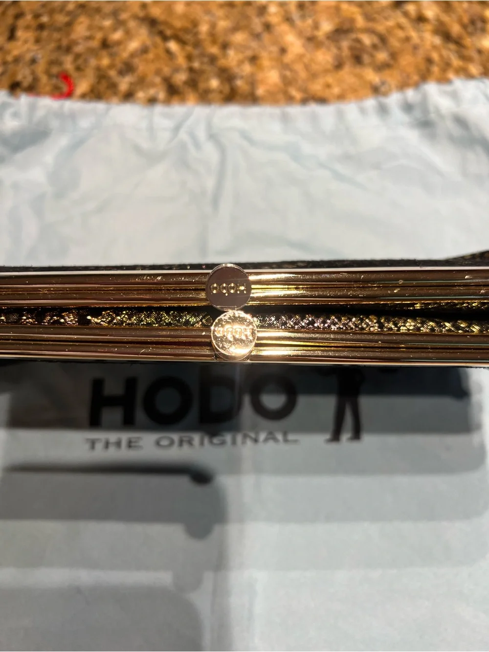 HOBO Iridescent Snake-Embossed Clutch in Brown and Black